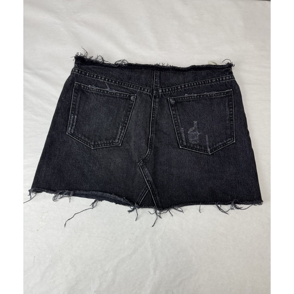 Reformation Black Distressed Denim Mini Skirt Raw Hem High Rise Size 28 - Picture 2 of 8